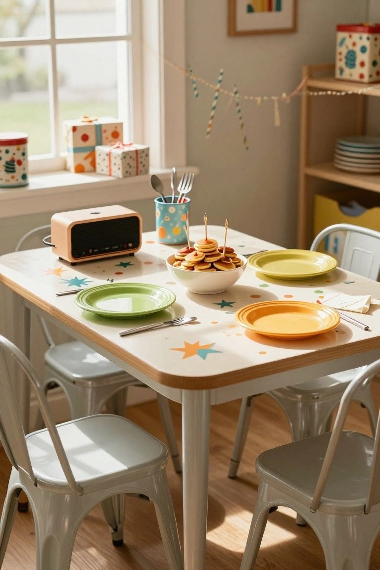A small kids' table with star stickers on the surface, set with green and yellow plates, forks, a central bowl of pancakes on skewers with candles, colorful chairs, and holiday decorations in a bright room.