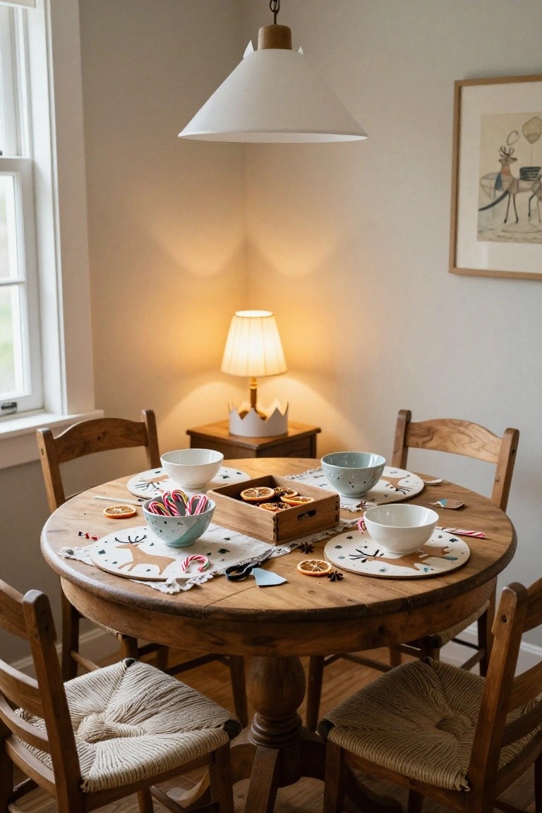 Round wooden dining table in a light gray room with four woven chairs, set with white and blue bowls, candy canes, deer placemats, and Christmas decorations like a paper crown and orange slices.