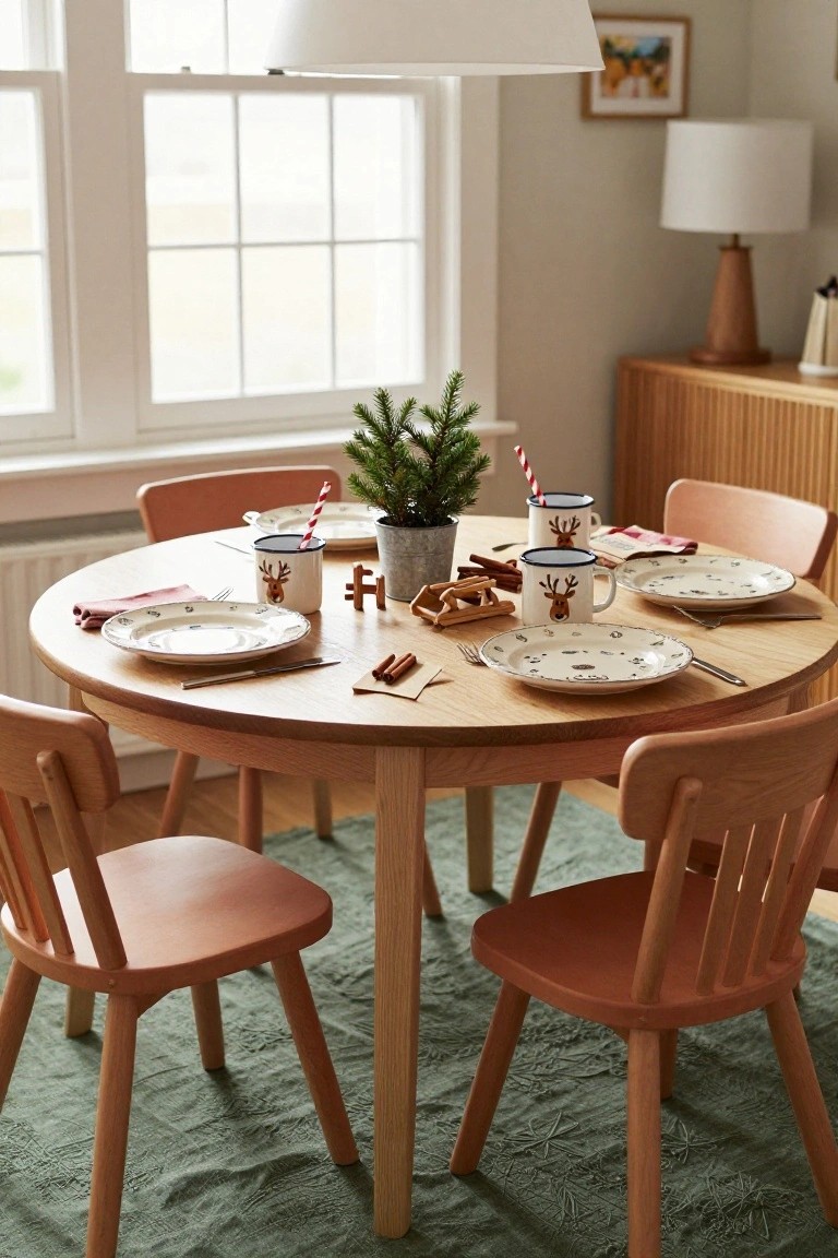 A round light wood dining table set for Christmas in a light-filled room with large windows, featuring reindeer enamelware mugs and plates, a small potted pine tree, wooden toys, cinnamon sticks, and chairs with orange seats on a green rug.