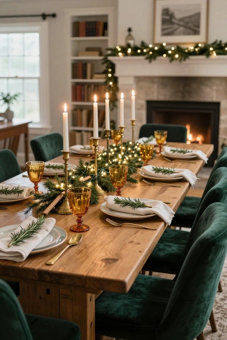 A long wooden dining table set for Christmas dinner with a central evergreen garland runner holding multiple brass candelabras with white taper candles, amber glassware, gold flatware, rosemary napkin bundles on white napkins and plates, surrounded by emerald green velvet chairs, next to a stone fireplace with fire lit, in a room with bookshelves and window.