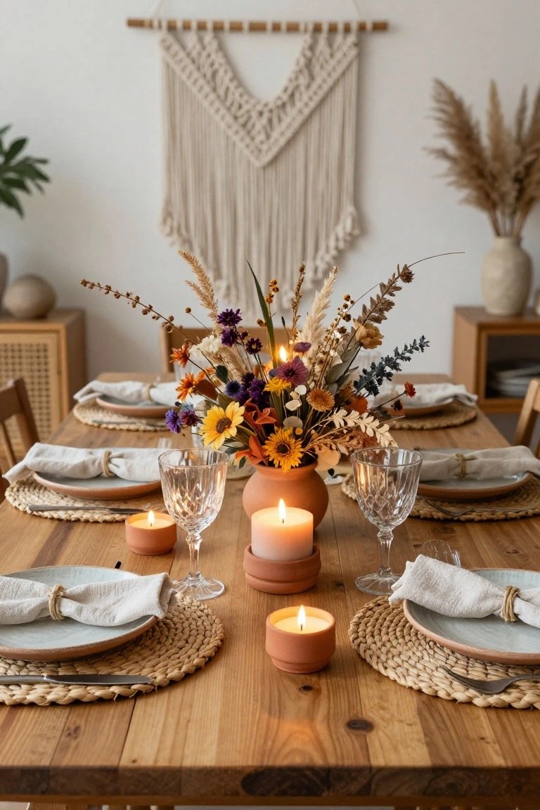 A wooden dining table set for a meal with woven placemats, white plates, napkins tied with twine, wine glasses, silverware, multiple small terracotta pots holding lit candles, and a central terracotta vase of dried flowers, wheat, and pampas grass.