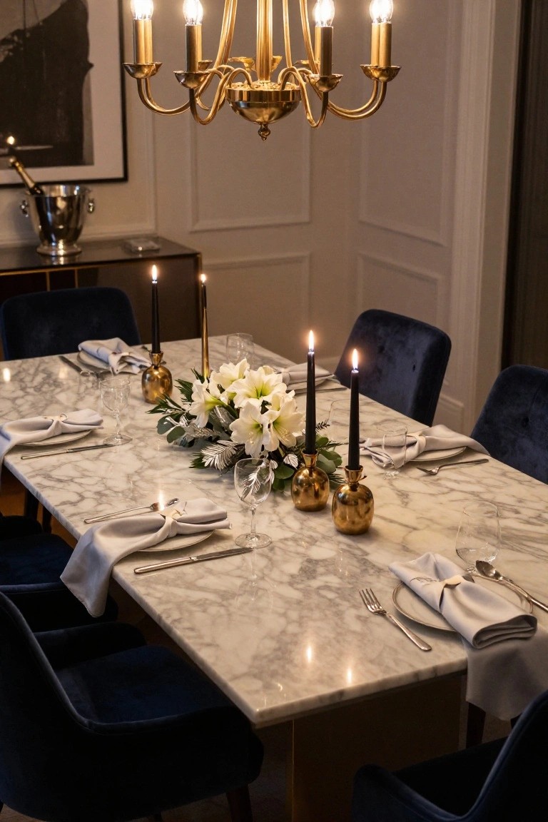 White marble dining table set with white napkins folded with rings, glassware, cutlery, black taper candles in gold holders, and white lily centerpiece with greenery, surrounded by blue velvet chairs in a room with gold chandelier and sideboard.