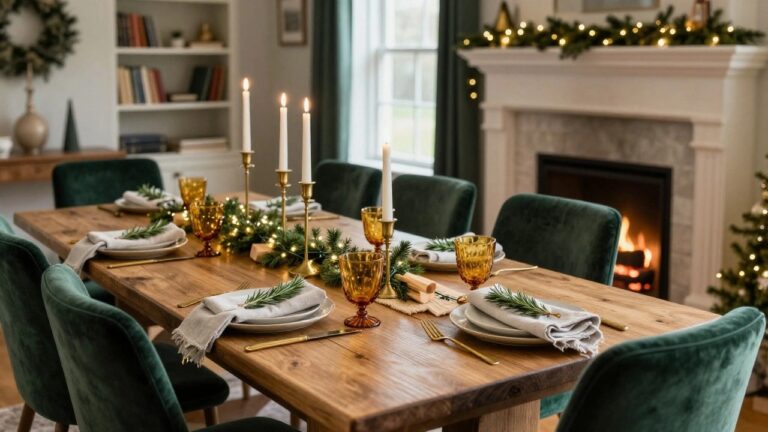 A long wooden dining table set for Christmas dinner with a central evergreen garland runner holding multiple brass candelabras with white taper candles, amber glassware, gold flatware, rosemary napkin bundles on white napkins and plates, surrounded by emerald green velvet chairs, next to a stone fireplace with fire lit, in a room with bookshelves and window.