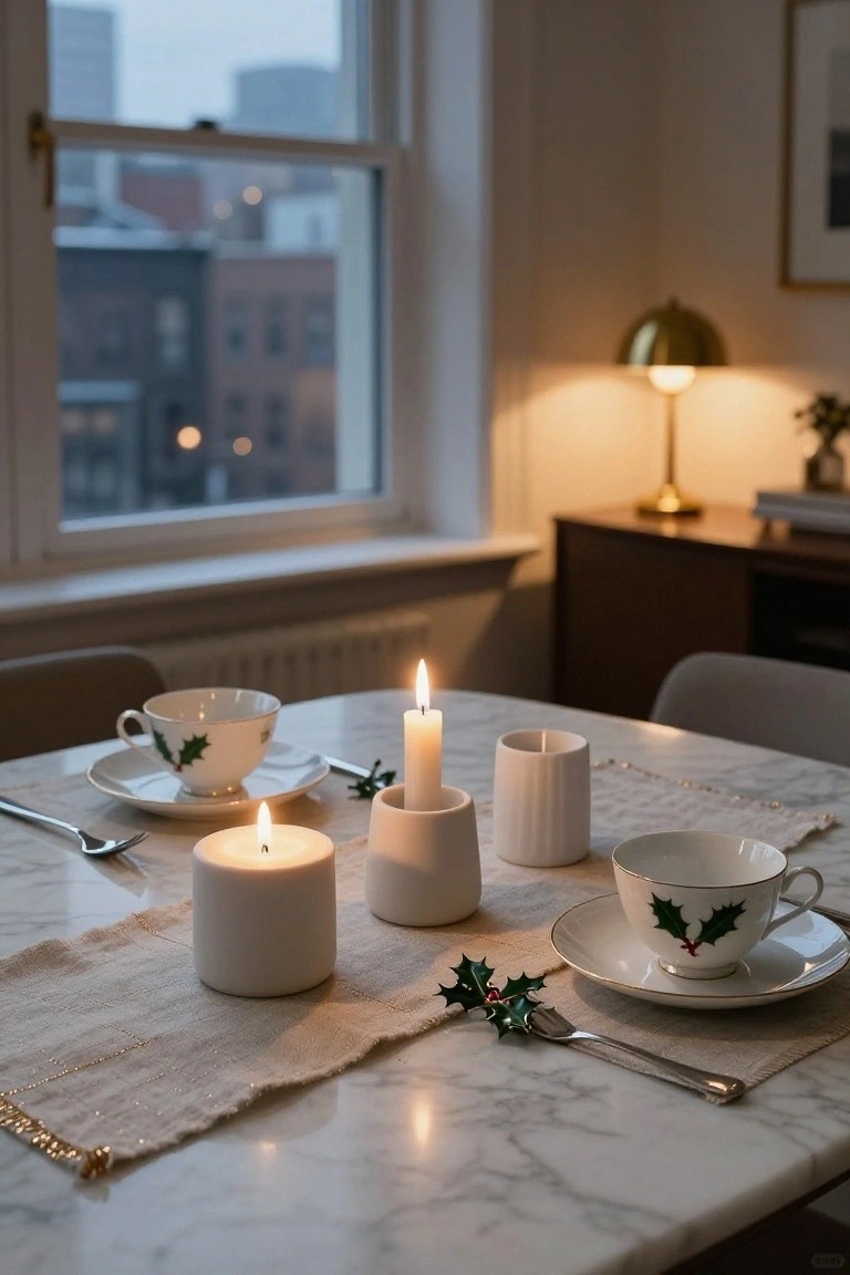 Close-up view of a dining table set for Christmas with multiple lit white pillar and taper candles of varying heights, holly-patterned white teacups and saucers, silver forks, and a beige linen runner edged in gold on a white marble surface, chairs nearby, warm lamp light, and city view through windows.