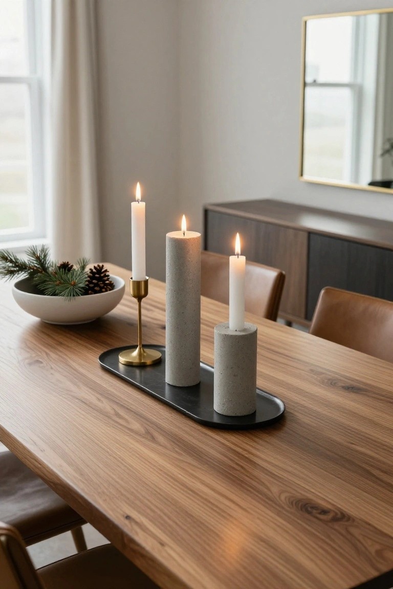 Wooden dining table holding lit white candles in tall gray concrete holders, a brass candlestick, and a black tray, plus a white bowl with pine branches and pinecones, leather chairs nearby, gray walls, and a window in the background.