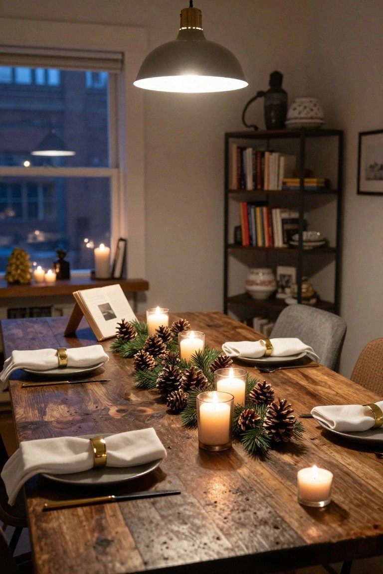 Wooden dining table set for Christmas with a central runner of pine branches and pinecones, multiple white candles in glass holders, white napkins banded with gold rings, plates, and flatware.