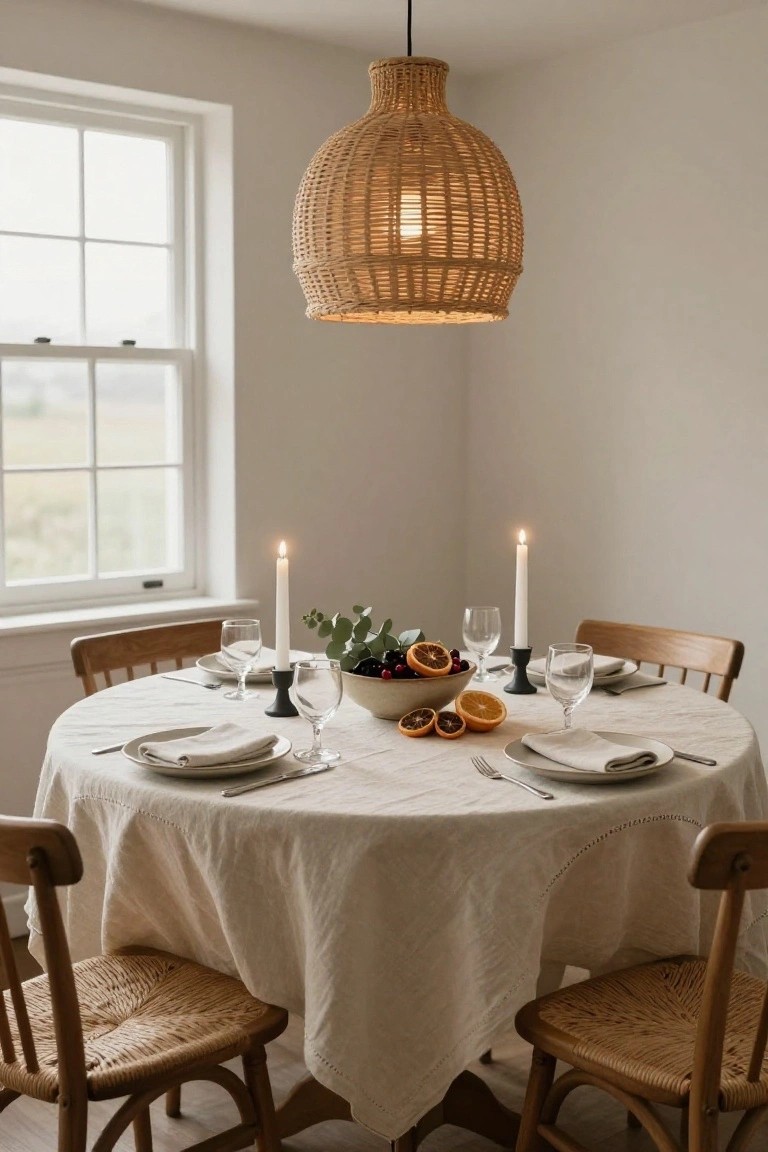 Round wooden dining table covered in white linen with four place settings including plates, napkins, cutlery, and wine glasses, centered by a white bowl of red grapes and oranges with eucalyptus, flanked by two black candlesticks with lit white candles, rattan chairs, and a woven pendant light above in a beige room with a window.