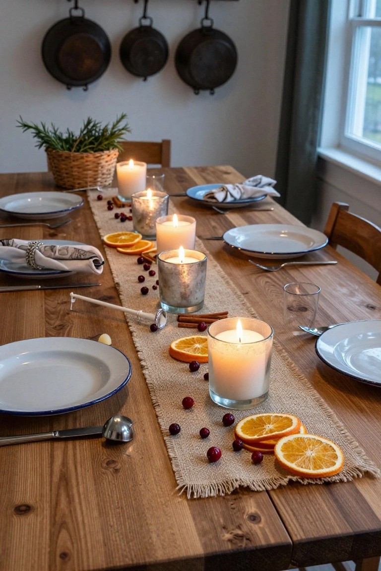 Wooden dining table set for Christmas with burlap runner topped by orange slices, cranberries, cinnamon sticks, and multiple lit candles in glass and metal holders, blue-rimmed plates, napkins, and utensils nearby.