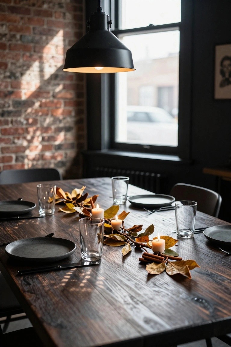 Wooden dining table in a brick-walled room set with black plates, clear glasses, lit pillar candles, autumn leaves, and cinnamon sticks as a centerpiece, surrounded by black chairs.
