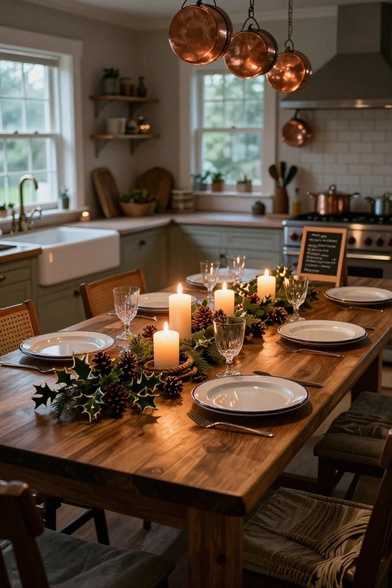 Wooden dining table in a cozy kitchen decorated for Christmas with a central garland of holly, pinecones, and multiple pillar candles flanked by white plates, glassware, and rattan chairs.