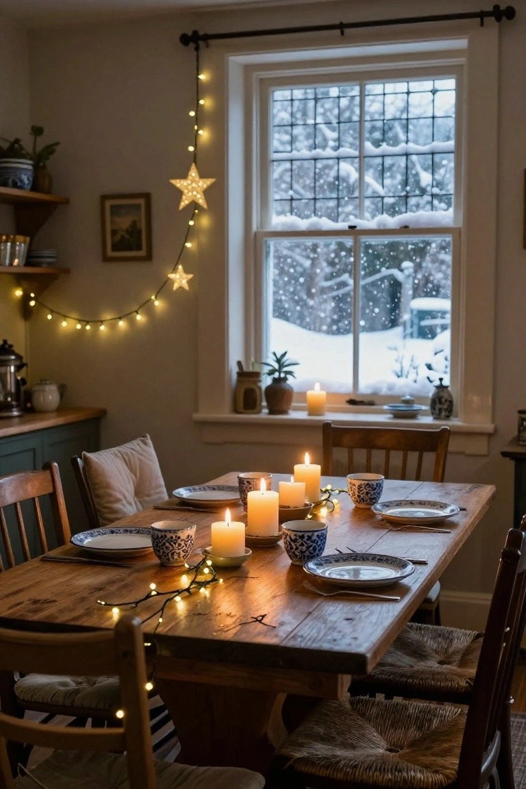 Cozy kitchen dining area with rustic wooden table set for Christmas, featuring blue and white plates, multiple pillar candles, fairy lights, wooden chairs, and a window showing snowy outdoors.