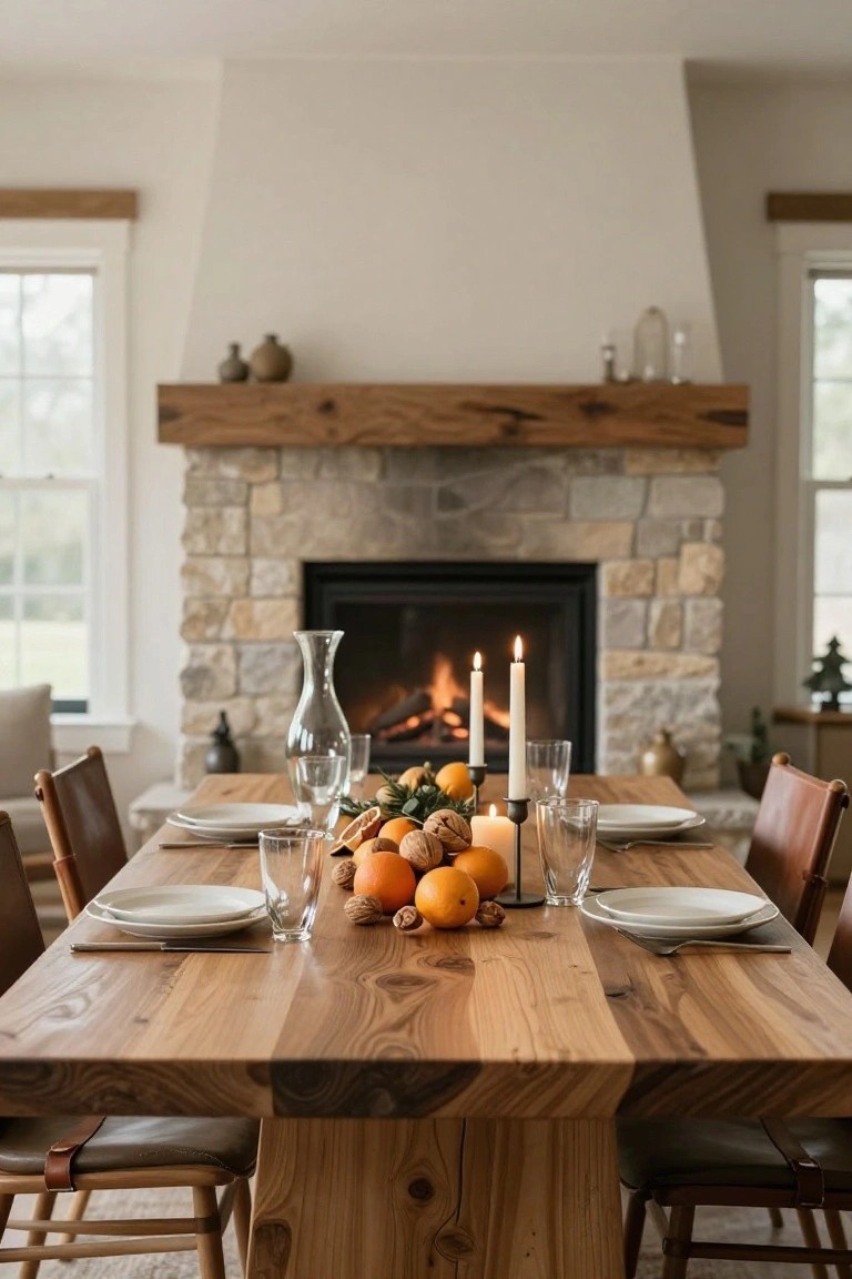 Wooden dining table set with white plates, glasses, oranges, walnuts, candles, and greenery in a room with a lit stone fireplace and leather chairs.
