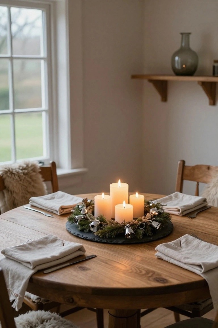 Wooden round dining table with central slate-based wreath holding four lit white pillar candles amid evergreen sprigs, pinecones, and silver bells, set with linen napkins, knives, and forks, sheepskin on ladderback chairs, in a white-walled room with window view.