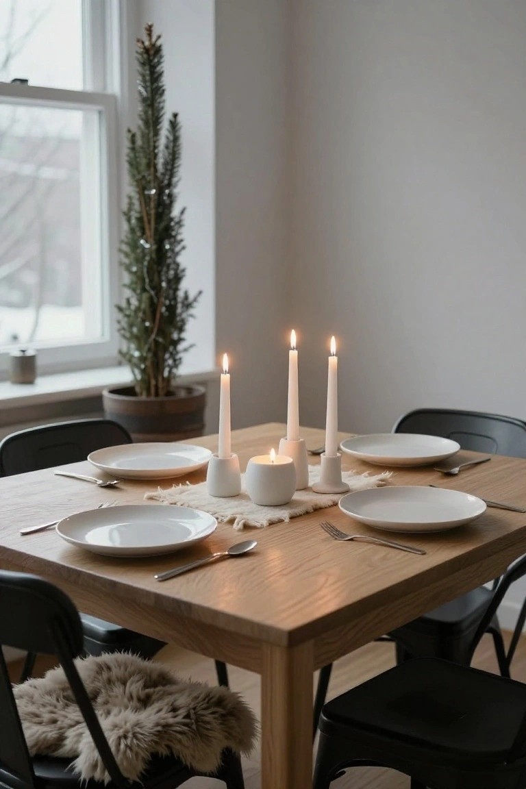 Wooden dining table in a light room set with four white plates, silverware, beige woven placemats, and five white pillar candles in matching ceramic holders as centerpiece, with a small potted Christmas tree by the window.