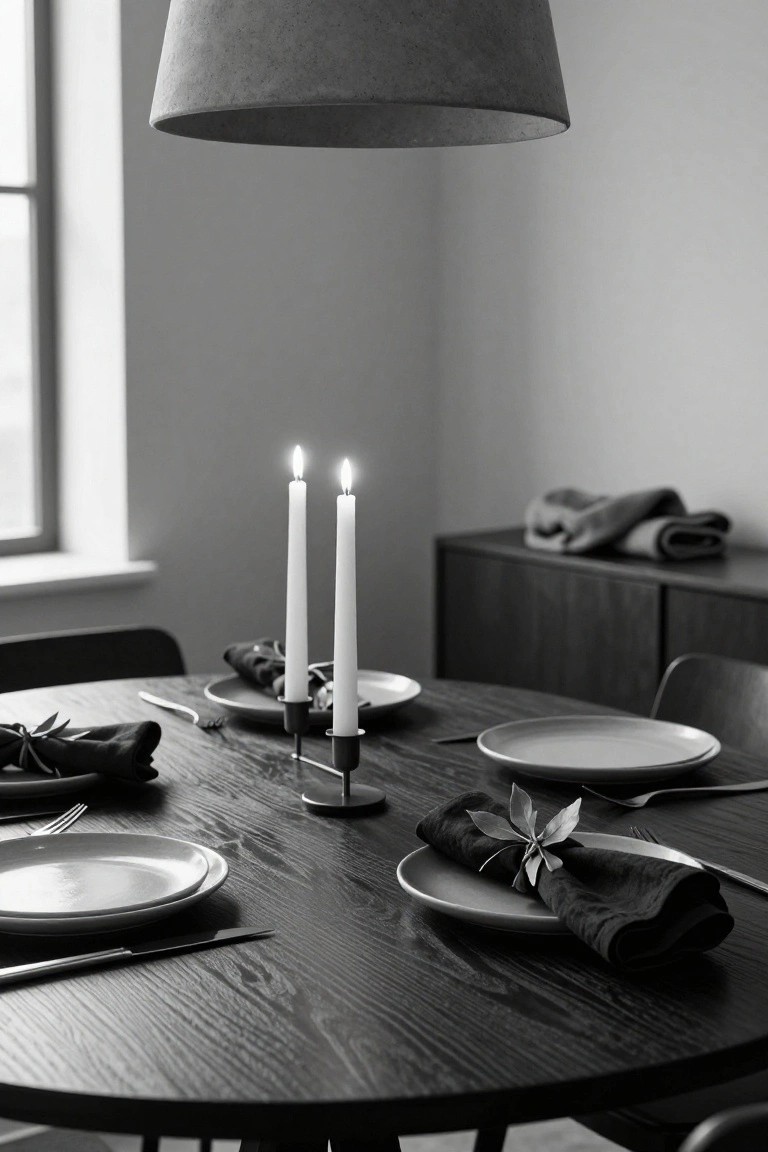 Black-and-white photo of a round dark wood dining table set for Christmas with white plates, black napkins with leaf accents, lit tall white candles in metal holders, silverware, four chairs, a sideboard, under a hanging fabric lamp near a window.
