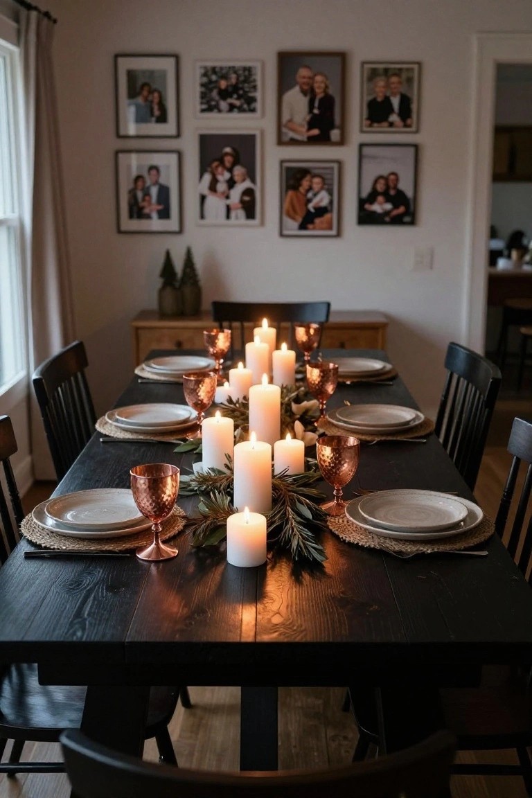 Dining table with dark wood surface set for Christmas featuring a long centerpiece of multiple lit white pillar candles interspersed with green eucalyptus leaves, copper goblets, white plates on rattan placemats, wooden chairs, and family photos on walls in background.