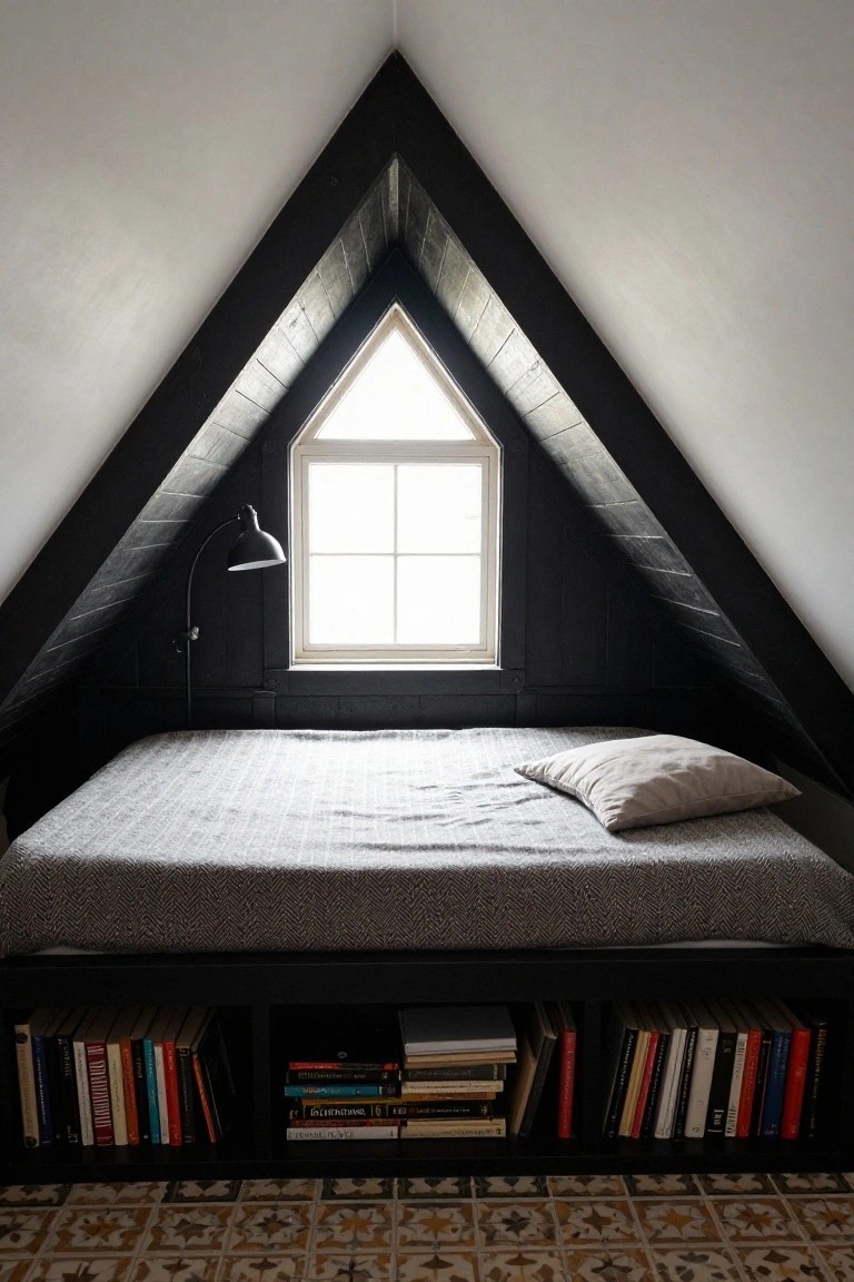 Attic bedroom with dark sloped ceilings, a low platform bed covered in gray bedding, built-in black bookshelves underneath, a white dormer window, and a black arched floor lamp.