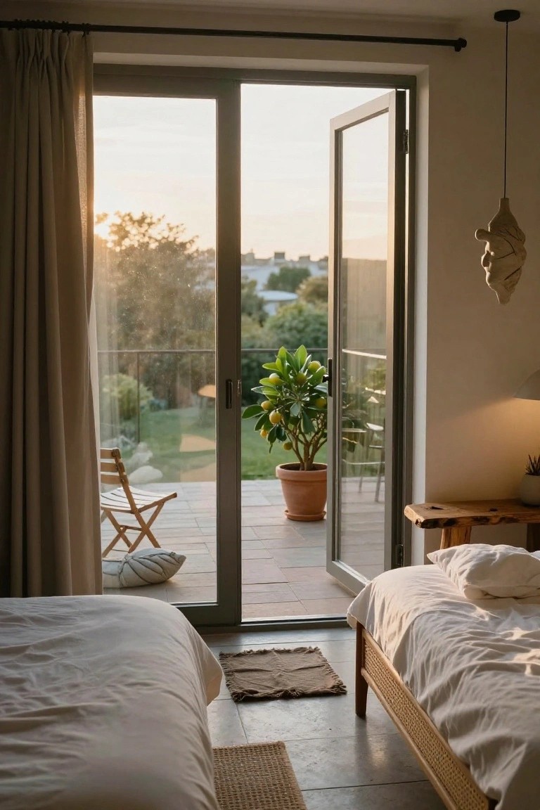 A minimalist bedroom with two low white beds, open sliding glass doors to a balcony holding a potted lemon tree and folding chair, wooden side table, neutral lamp, and view of garden and sunset.