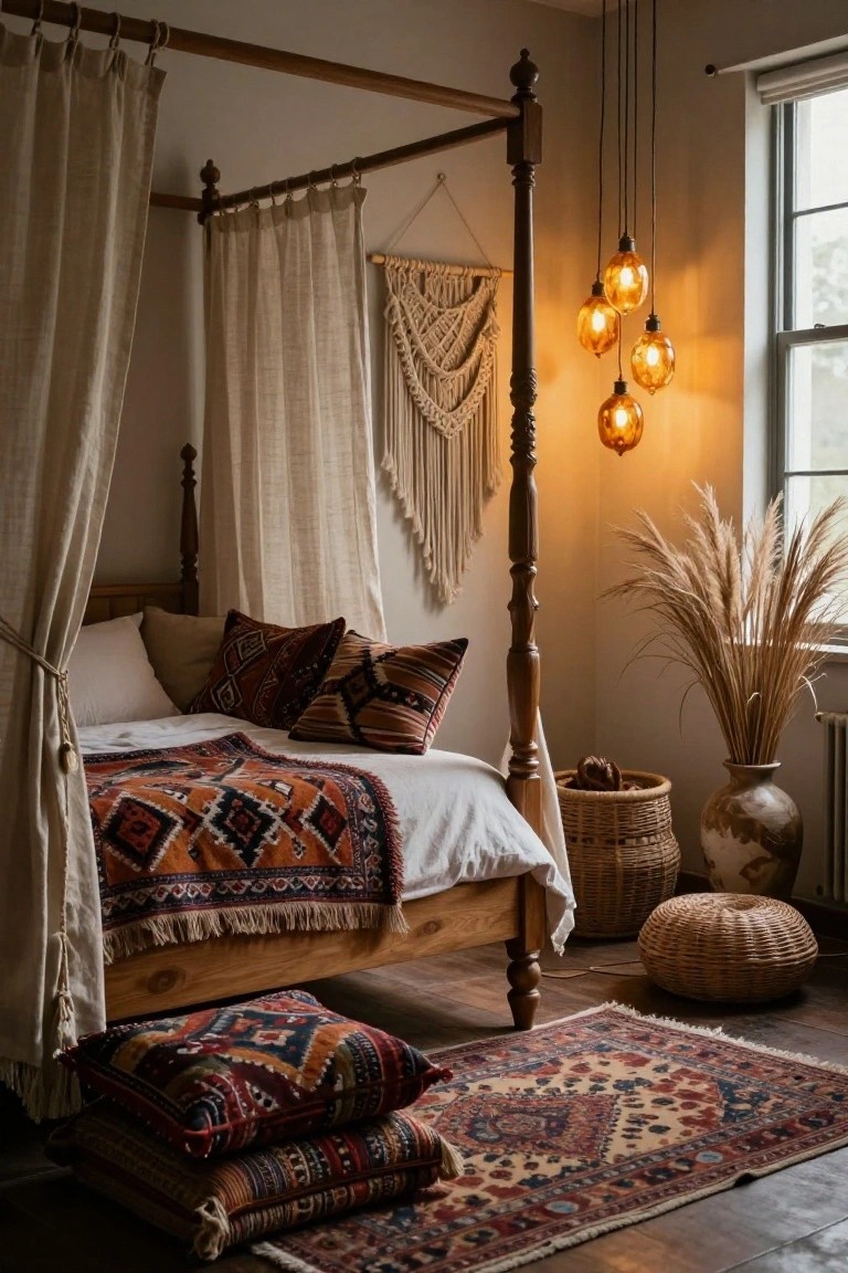 Wooden four-poster canopy bed with sheer draped curtains, assorted colorful patterned pillows and blankets, pendant globe lights, macrame wall hanging, pampas grass in vases, woven baskets, and floor cushions on a patterned rug in a warmly lit bedroom.