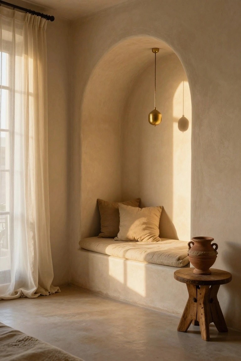 Beige arched alcove in a bedroom with cushioned window seat, gold pendant light hanging above, terracotta vase on wooden tripod stool beside it, sheer curtains on adjacent window, and natural sunlight streaming in.