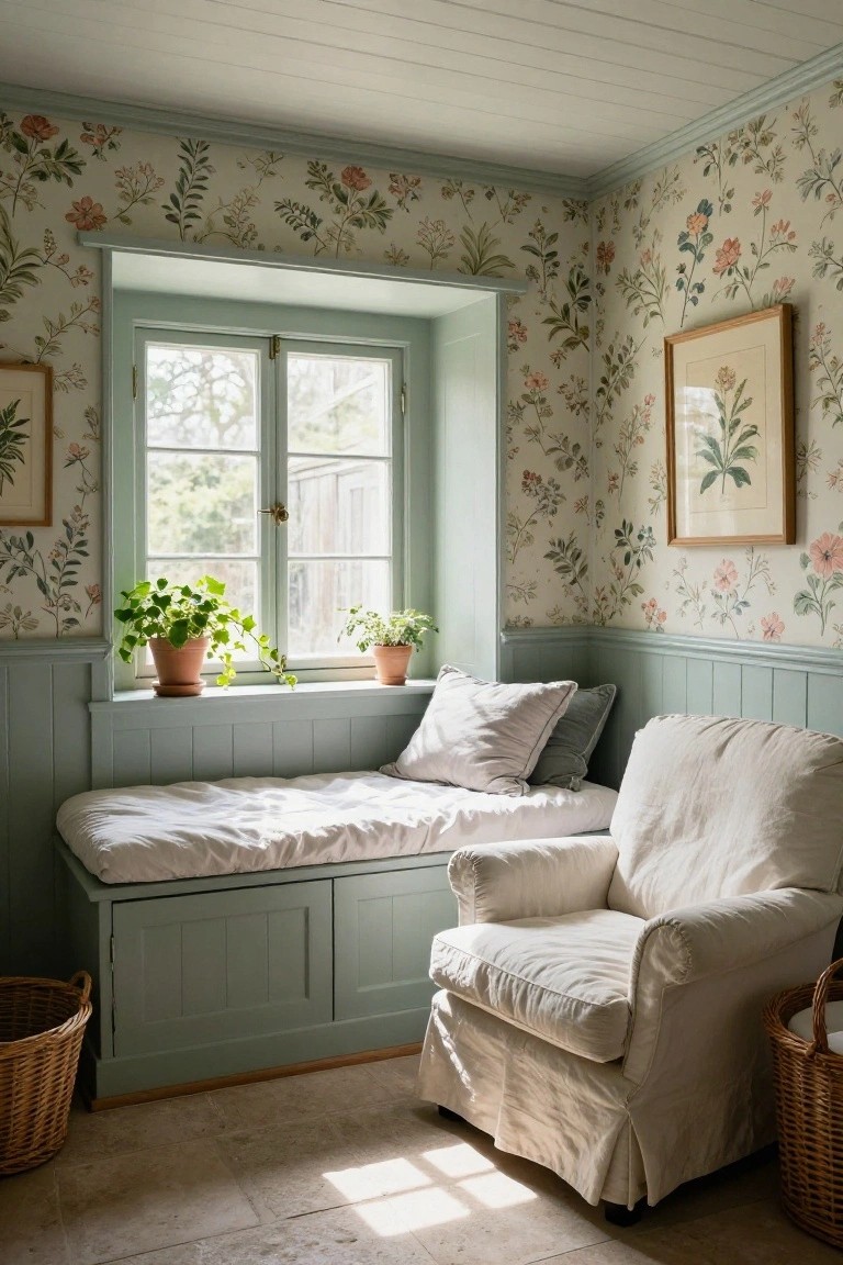 Light-filled room with floral wallpaper in soft pinks and greens, built-in pale green window seat with white cushions and storage cabinets below, potted plants on windowsill, white armchair, wicker baskets, and stone tile floor.