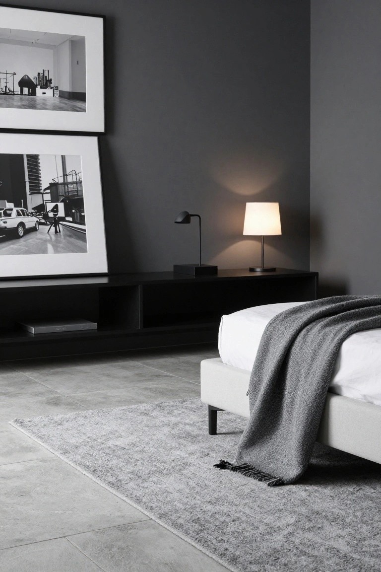 Minimalist bedroom with dark gray walls, two large black-and-white framed photographs, black credenza holding lamps and a DVD case, low platform bed with white linens and gray throw, light gray rug on gray tile floor.