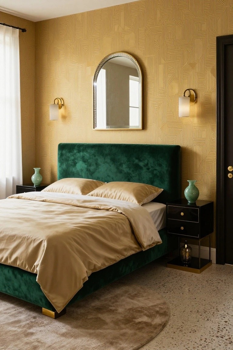 Bedroom interior with emerald green velvet upholstered bed headboard, gold satin bedding, geometric gold wallpaper, arched mirror, wall sconces, and black nightstands with vases.