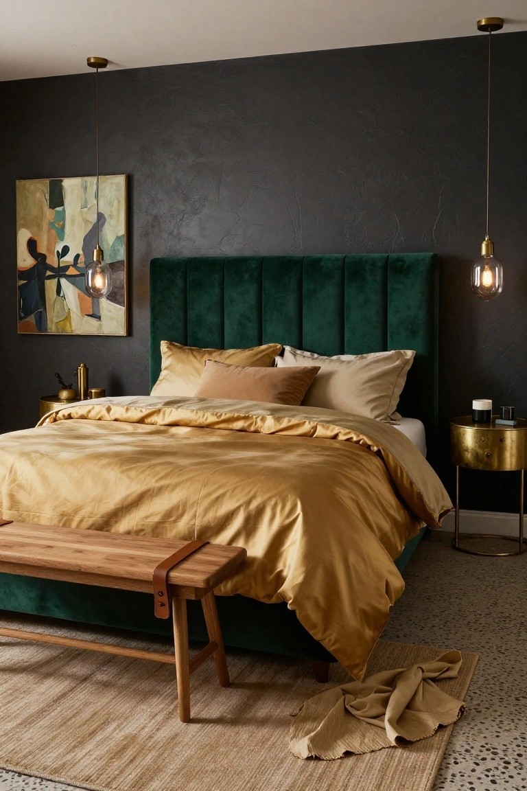A bedroom interior with an emerald green velvet tufted headboard, gold satin duvet and pillows in beige and peach tones, brass side tables, wooden bench at bed foot, abstract painting on textured dark wall, and hanging Edison bulb lights.