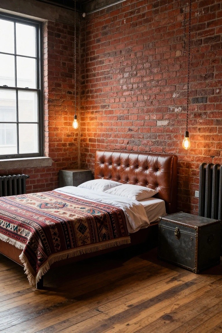 Bedroom interior with exposed red brick walls, tufted brown leather headboard bed draped in white sheets and a multicolored patterned bedspread, hanging bulb pendant lights, wooden floors, metal nightstand, vintage metal trunk side table, and black radiators.