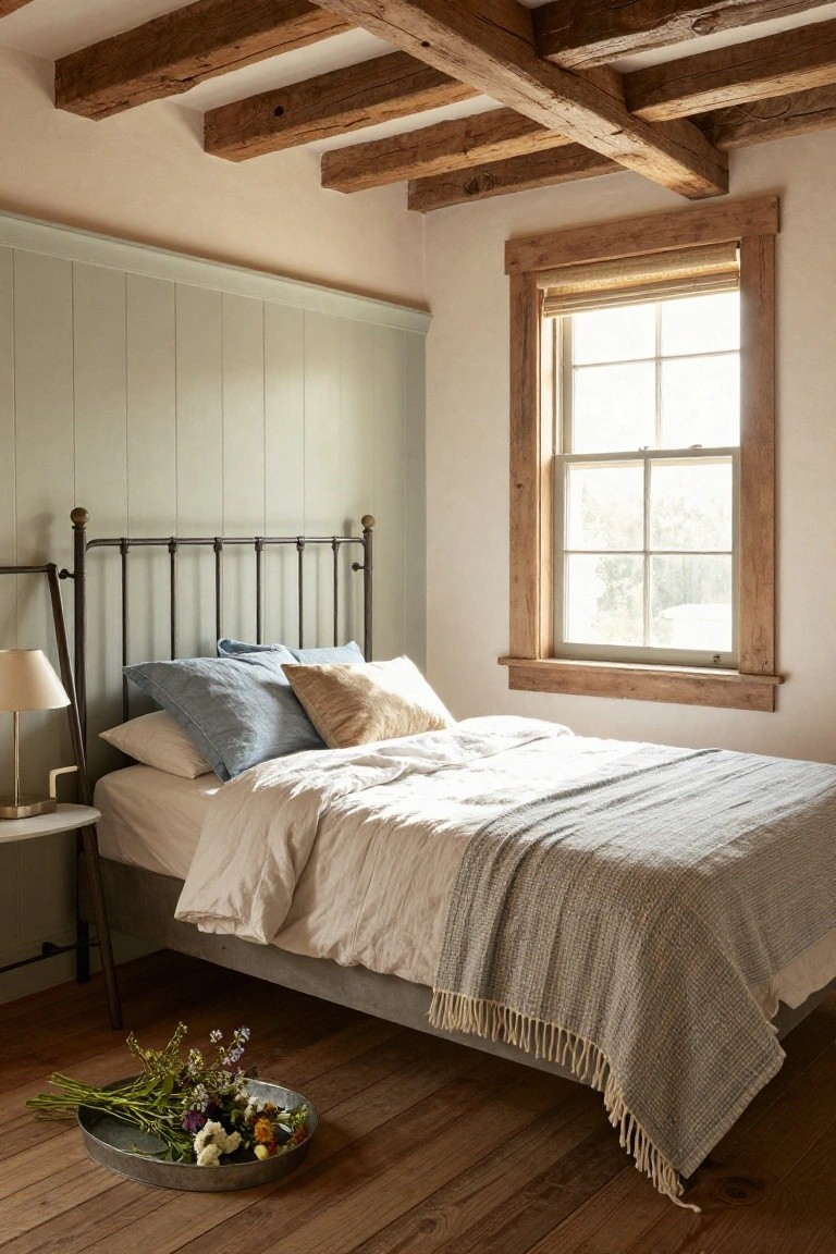 A cozy bedroom with dark exposed wooden beams on the ceiling, sage green wainscoting on one wall, black iron bed frame with white linens and blue pillows, wooden floors, and a metal tray of wildflowers nearby.