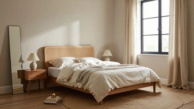 Bedroom interior showing a low oak wood bed frame with rattan headboard, rumpled white linen bedding and pillows, wooden nightstand with white ceramic lamp and books, sheer curtains on black-framed window, full-length mirror, seagrass rug, and stack of books with lit brass candle on floor.