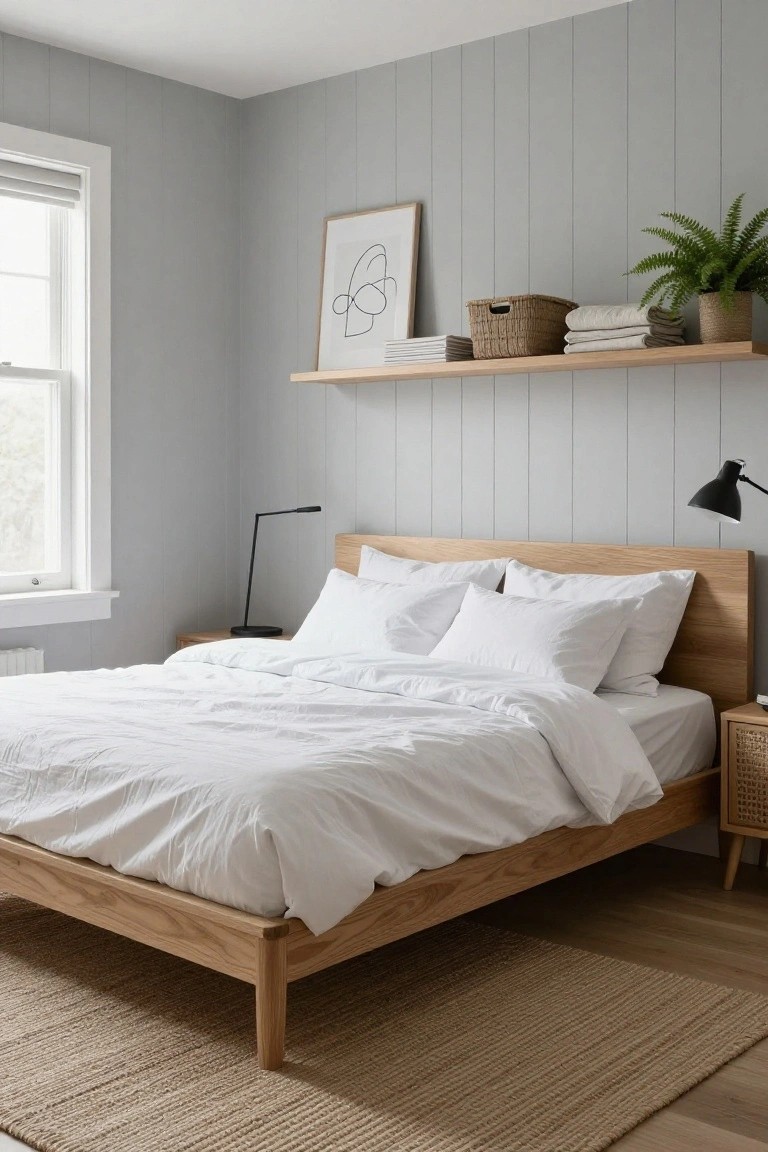 Bedroom with pale gray vertical shiplap walls, light oak platform bed draped in white linens, matching oak nightstand and floating shelves holding plants, rattan baskets, towels, and books, black adjustable lamp, window with roller shade, rattan-accented nightstand, and seagrass rug on light wood floors.