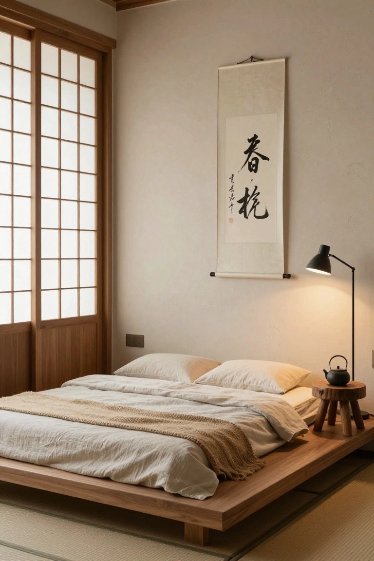 A minimalist bedroom with a low wooden platform bed draped in white sheets and beige throw, tatami floor mats, shoji sliding doors, hanging white scroll with black calligraphy, black desk lamp, wood stool holding black teapot, and beige walls.