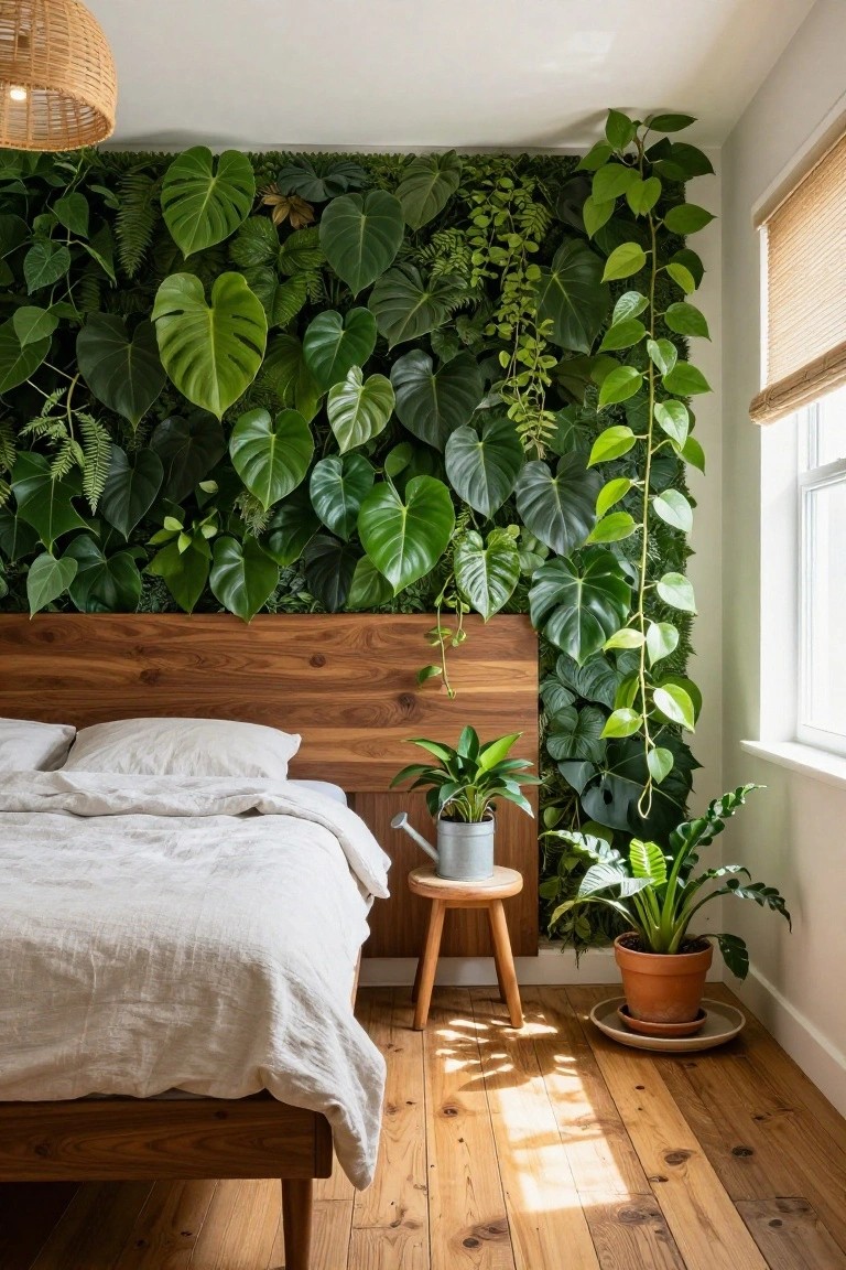 Bedroom with wooden platform bed and white linen bedding against a tall wall covered in lush green plants including large monstera leaves and trailing vines, potted plants on a stool and floor nearby, bamboo shade on window, hardwood floors, and natural sunlight.