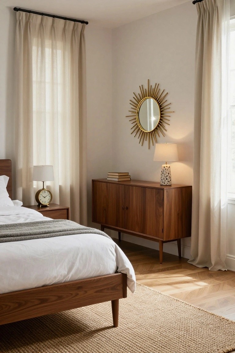 A bedroom corner with a low walnut wood bed draped in white sheets and gray throw, brass-accented nightstand holding a clock and lamp, matching credenza with books and lamp, gold sunburst mirror on wall, and sheer beige curtains on two windows over hardwood floors.