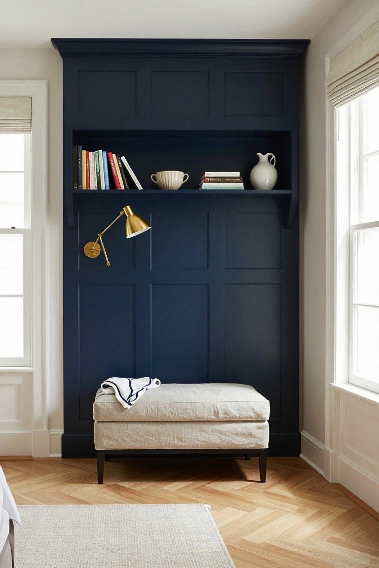 Navy blue paneled wall in a bedroom corner with open built-in shelves holding colorful books, white ceramics, a brass swing-arm lamp mounted on the paneling, and a beige linen bench with striped throw at the base, beside a window and herringbone parquet floor.