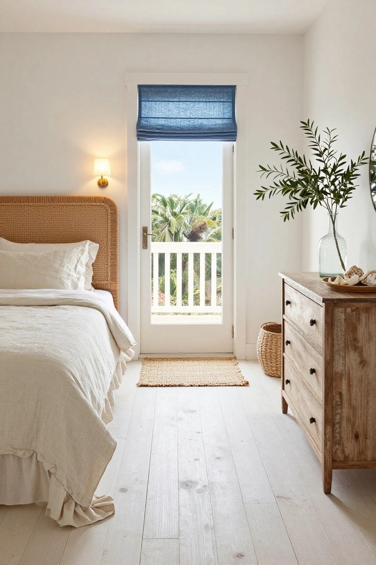 White bedroom with rattan headboard, white linen bedding, wooden dresser, seagrass basket, olive branch in glass vase, blue roman shade on open glass door to balcony with palm trees and white railing.