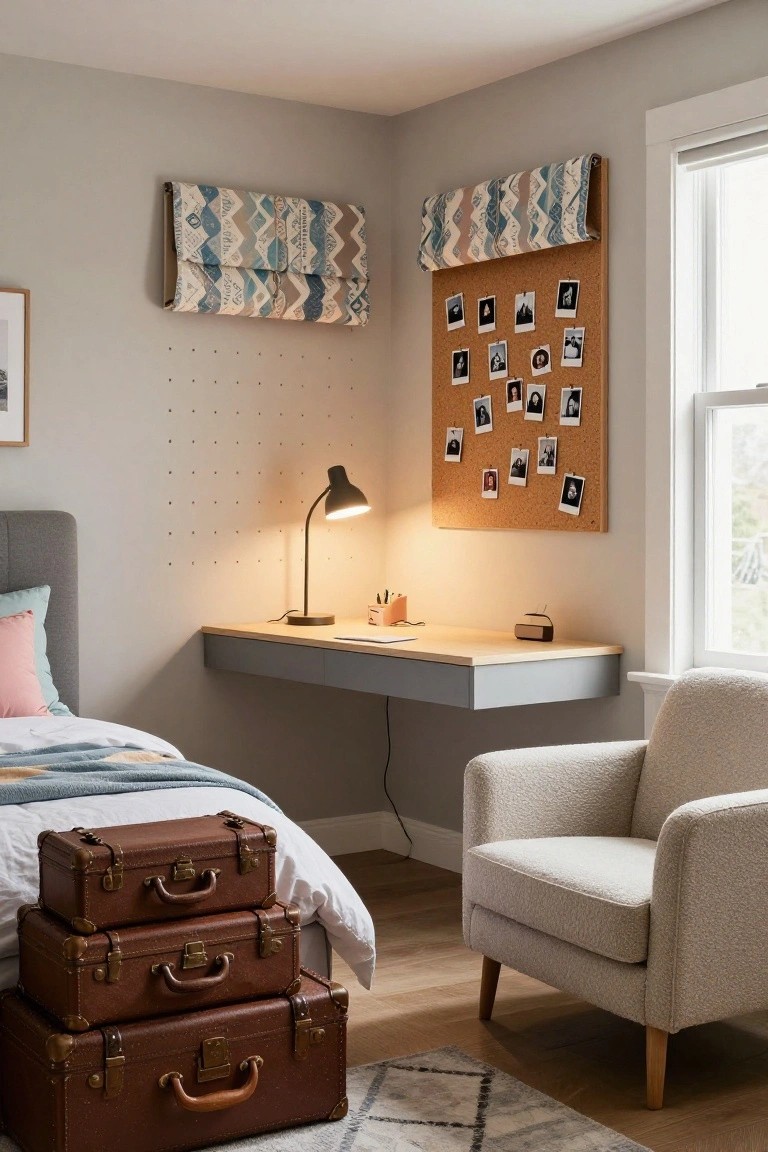 Corner of a light gray bedroom with a bed draped in white and blue bedding, three stacked brown leather suitcases beside it, a floating light wood desk with black lamp and organizer, corkboard with photos on the wall, and a cream armchair on a gray rug.