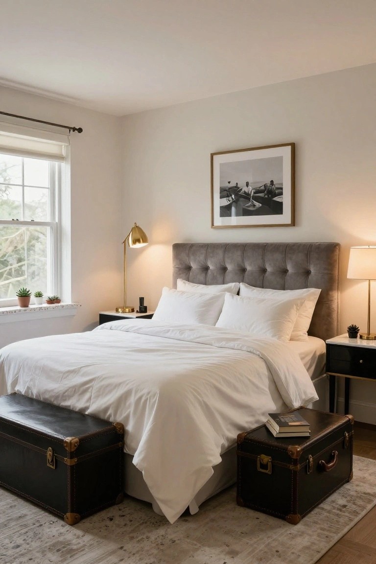 A bedroom featuring a gray tufted upholstered headboard with white pillows and duvet, flanked by nightstands and lamps, two black leather trunks with brass trim at the foot of the bed, a gold floor lamp, and a window with plants on the sill.