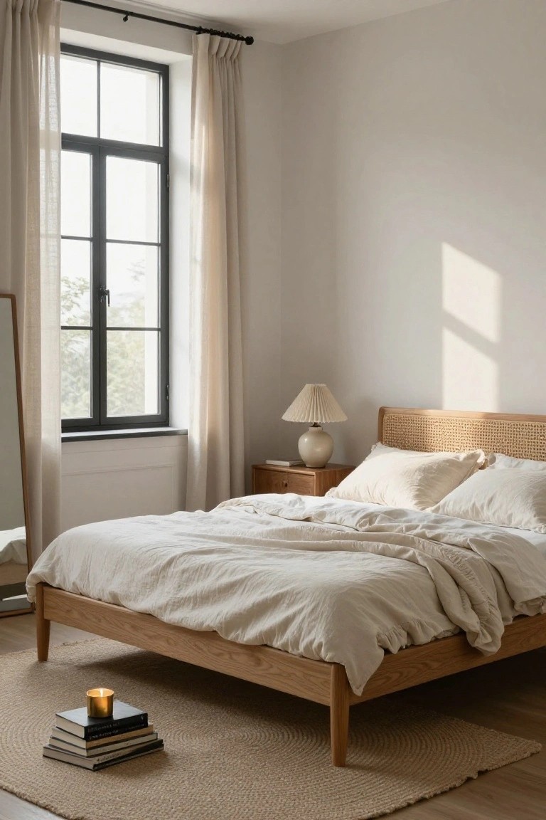Bedroom interior showing a low oak wood bed frame with rattan headboard, rumpled white linen bedding and pillows, wooden nightstand with white ceramic lamp and books, sheer curtains on black-framed window, full-length mirror, seagrass rug, and stack of books with lit brass candle on floor.