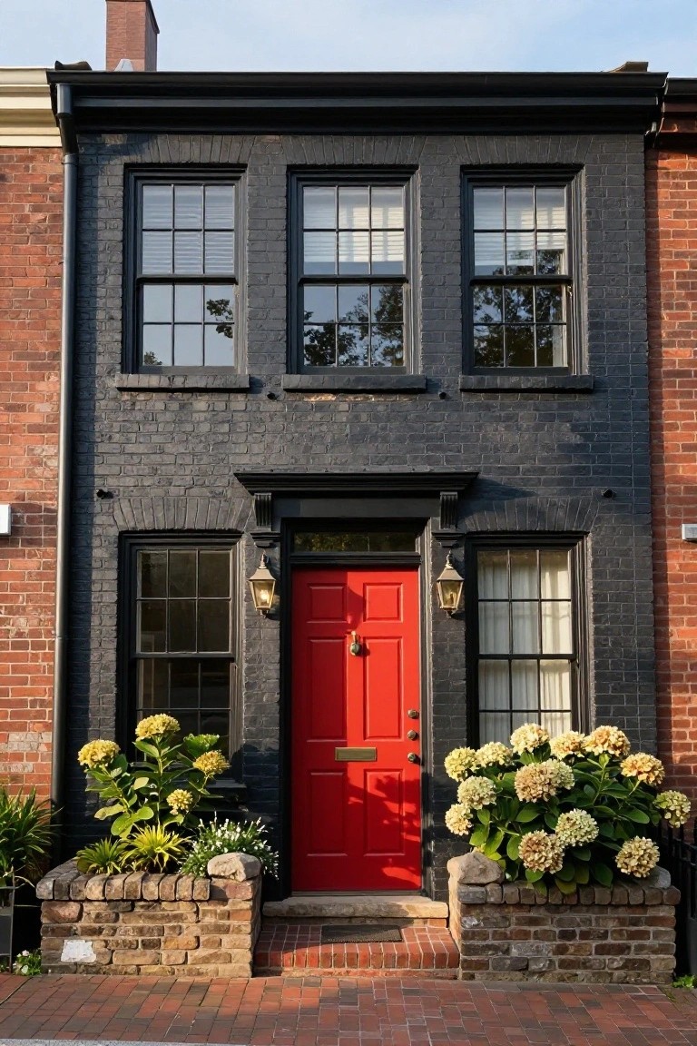 Two-story black-painted brick rowhouse with three double-hung windows per floor, red front door with brass knocker, lanterns on each side, and white hydrangeas in brick planters flanking brick steps on a brick sidewalk.
