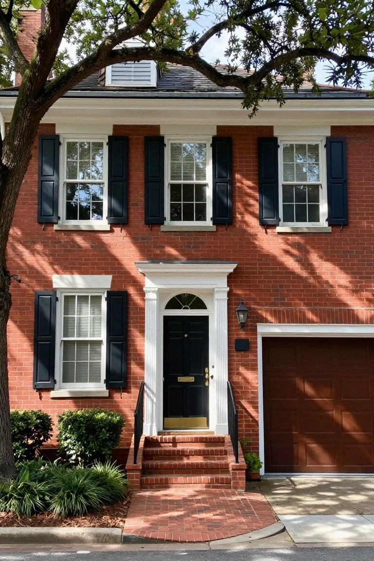 Two-story red brick Colonial house with black shutters on white-framed windows, a centered black front door with brass knocker and white columns, brick steps, attached garage, shrubs, and a large tree nearby.