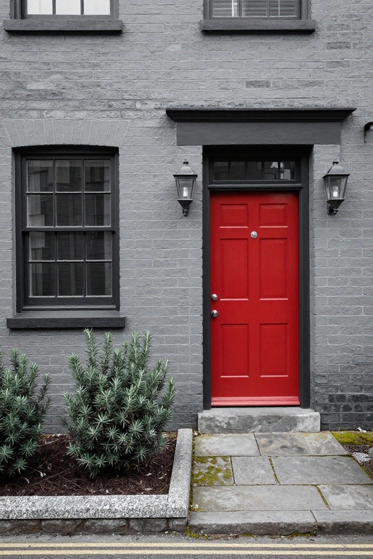 Gray brick colonial townhouse exterior with black window frames and trim, a bright red paneled front door with brass knocker, flanked by black lanterns, and low evergreen shrubs along the base.