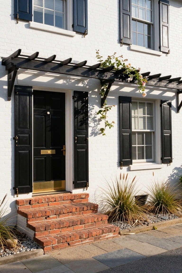 White painted colonial house exterior with black shutters on multipane windows, black front door with gold letterbox and knocker, wooden pergola covered in climbing roses above the entry, red brick steps, and ornamental grasses in the front bed.