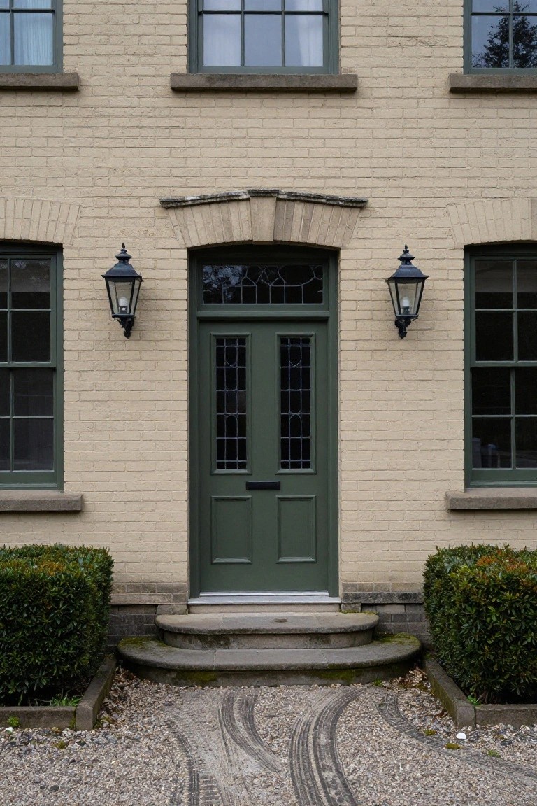 Beige brick house facade with dark green double front door, arched transom window, black lanterns on brick walls, green window frames, stone steps, boxwood shrubs, and gravel path.