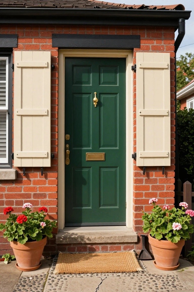 Red brick house exterior featuring a dark green paneled front door flanked by cream shutters, with terracotta pots of pink geraniums on either side and a woven door mat in front.