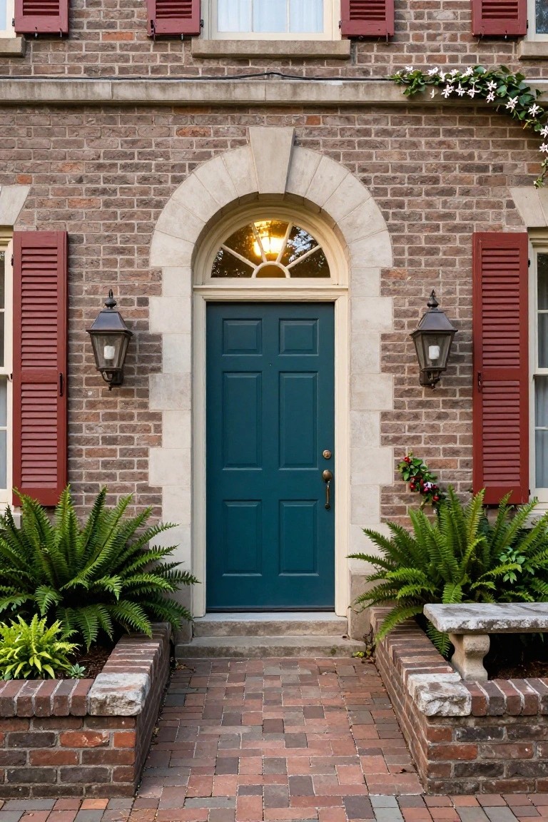 Brick colonial house facade with arched transom window above a teal double front door, flanked by black lanterns and red shutters, ferns in raised brick planters, and brick walkway.