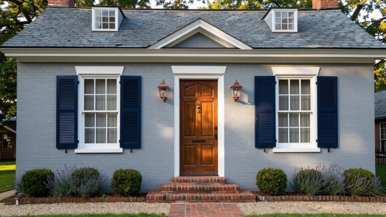 Two-story colonial-style house with light gray brick exterior, navy blue shutters on multipane windows, navy front door with brass knocker, white trim and pediment over entry, flanked by boxwood shrubs and lavender plants on a gravel path.
