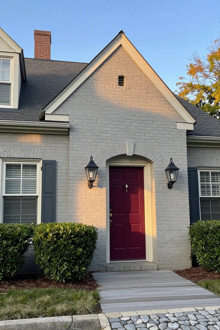Colonial-style house exterior featuring light gray brick walls, a dark red front door with brass knocker flanked by black lanterns, navy shutters on side windows, boxwood shrubs, and a wood walkway leading to cobblestone curb.