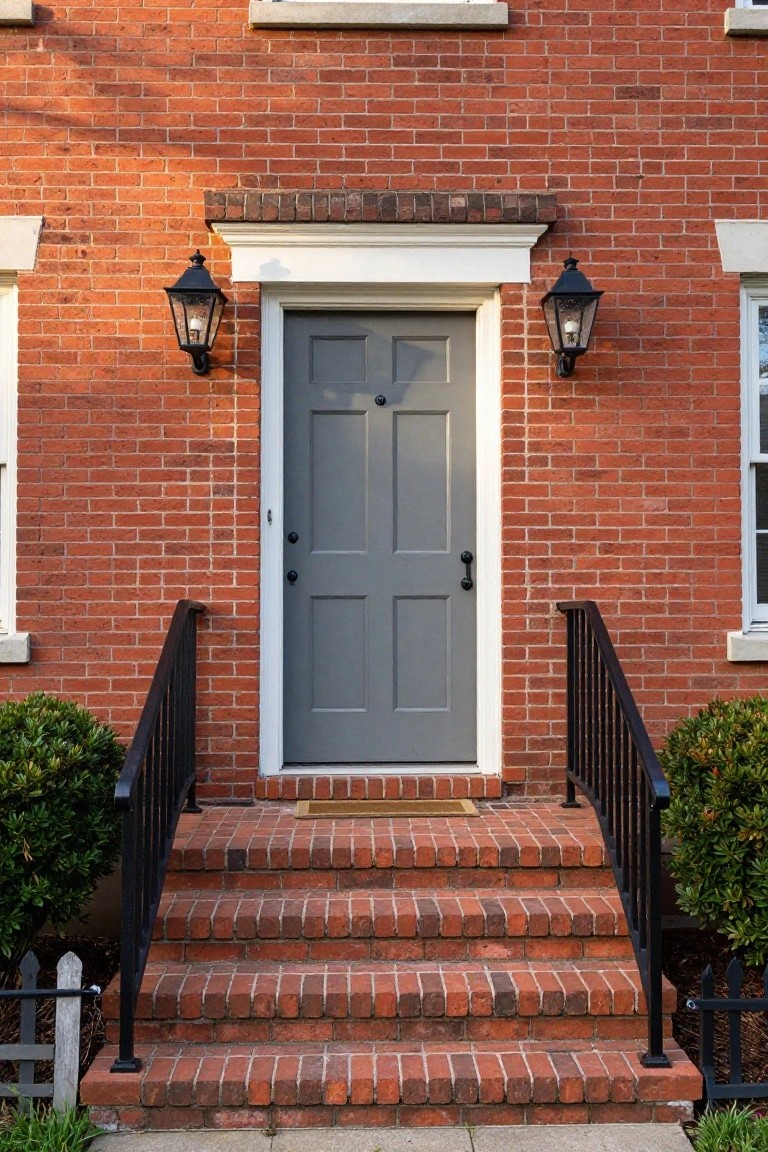 Red brick colonial house facade with centered gray paneled front door, flanked by black lanterns, black wrought iron railing on brick steps, and boxwood shrubs.